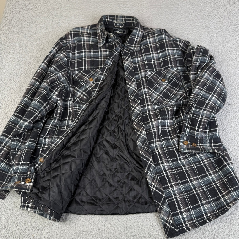 Levi Strauss Shirt Jacket Men L Black Gray Plaid Quilted Lined Flannel Button Up